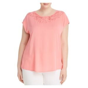 JUNAROSE Womens Pink Embroidered Curved Hem Short Sleeve Scoop Neck Top 24